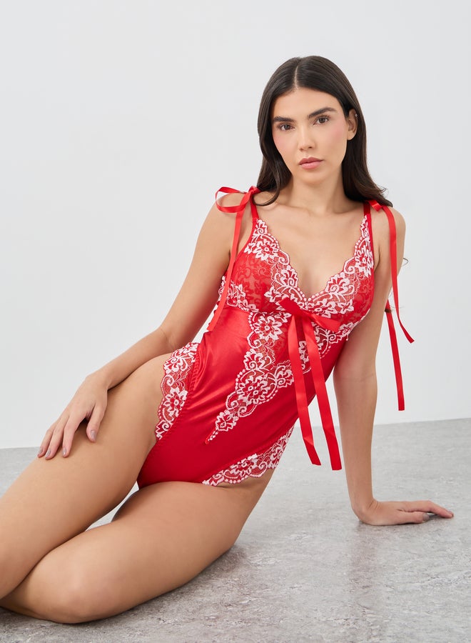 Styli Embroidered Floral Lace Panel Bodysuit with Bow Detail - Image 1