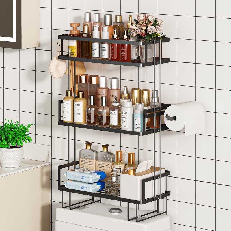 Godboat Bathroom Organizers and Storage, 3-Tier Wall Shelves, Over Toilet Rack with Paper Holder and 2 Hooks, Floating Shelf & Accessories, Gifts for Women, Mom, Mothers Day (Black) - Image 1