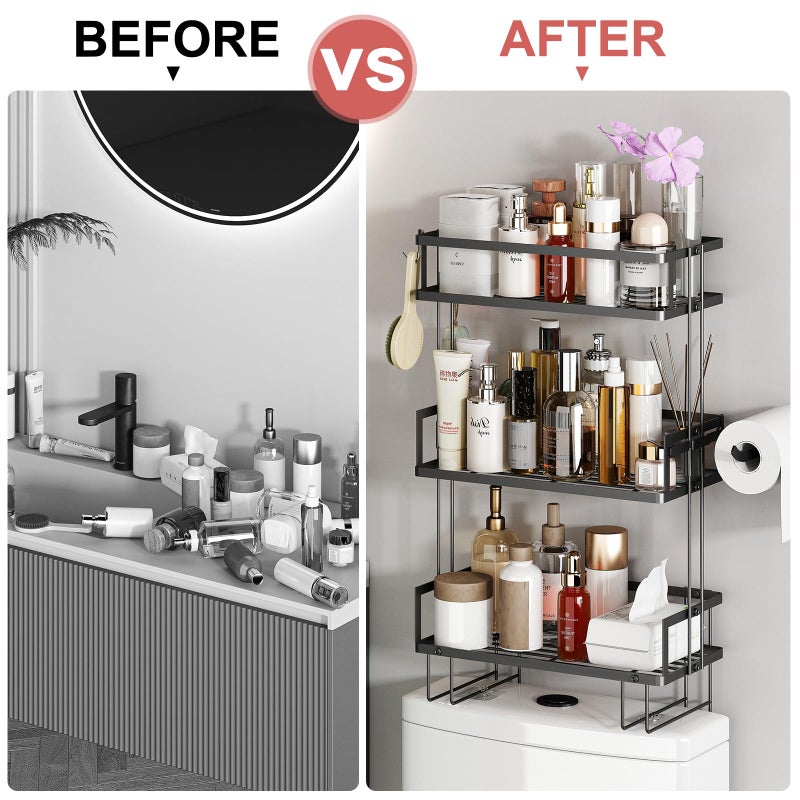 Godboat Bathroom Organizers and Storage, 3-Tier Wall Shelves, Over Toilet Rack with Paper Holder and 2 Hooks, Floating Shelf & Accessories, Gifts for Women, Mom, Mothers Day (Black) - Image 3