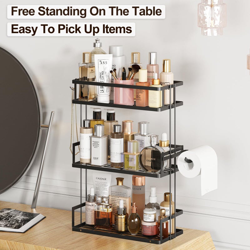 Godboat Bathroom Organizers and Storage, 3-Tier Wall Shelves, Over Toilet Rack with Paper Holder and 2 Hooks, Floating Shelf & Accessories, Gifts for Women, Mom, Mothers Day (Black) - Image 4