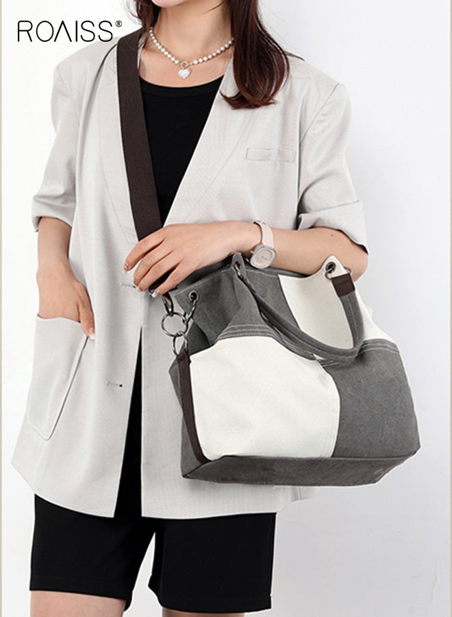 roaiss Casual Women's Canvas Bag Fashionable and Versatile Hand-Held Crossbody Bag Spliced ​​contrasting Color Single Shoulder Bag Zipper Multi-pocket Daily Commuting Tote Bag - Image 2