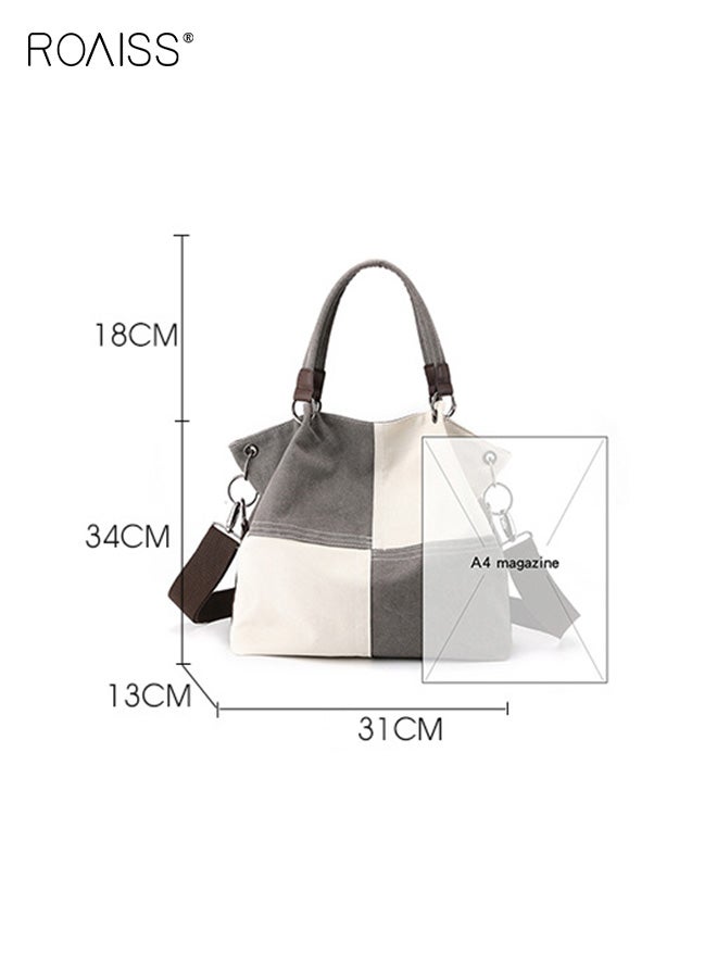 roaiss Casual Women's Canvas Bag Fashionable and Versatile Hand-Held Crossbody Bag Spliced ​​contrasting Color Single Shoulder Bag Zipper Multi-pocket Daily Commuting Tote Bag - Image 5