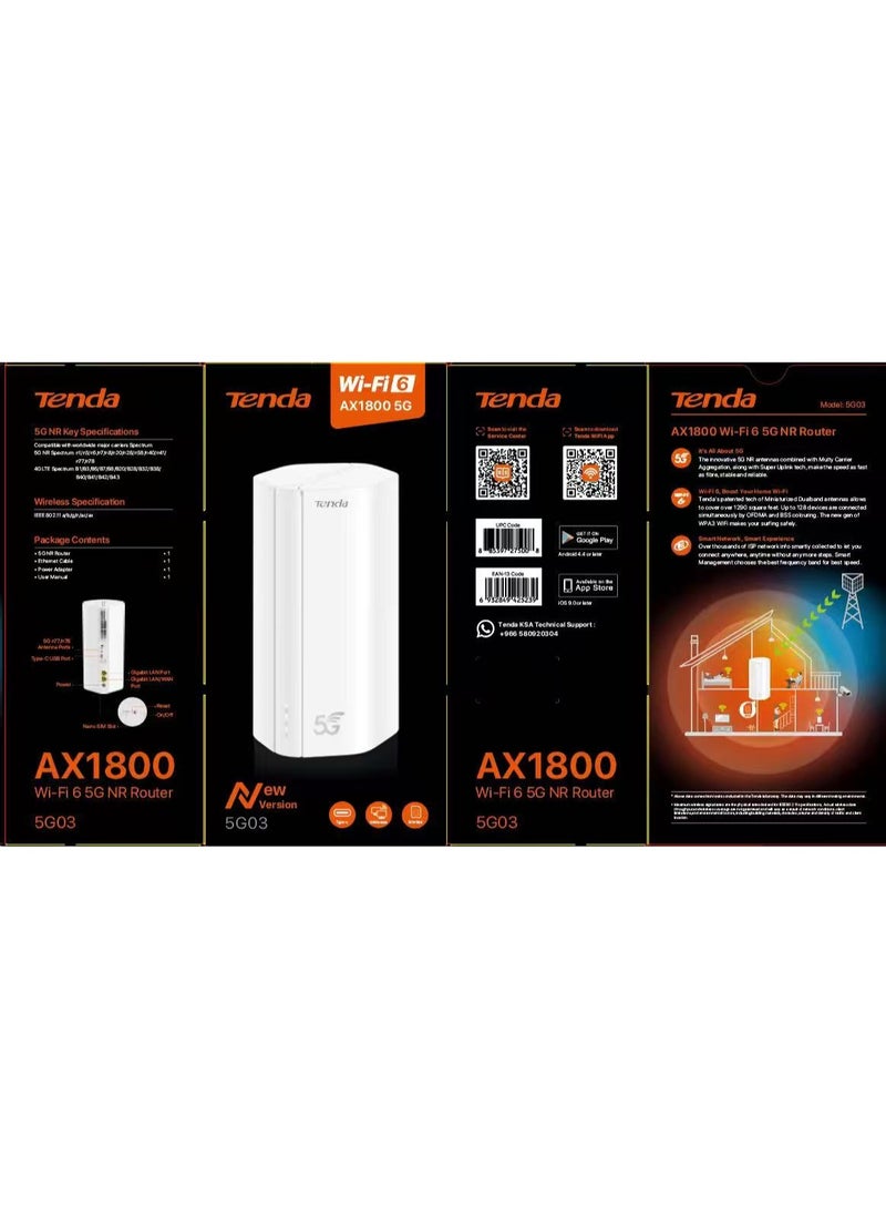 تيندا 5G03 Router 5G NR LTE, AX1800 Router WiFi 6 with Gigabit LAN/WAN Port, 4G/5G or Wired Connection, Portable Mobile Router with Sim Card, Plug and Play UK Plug - White - Image 3
