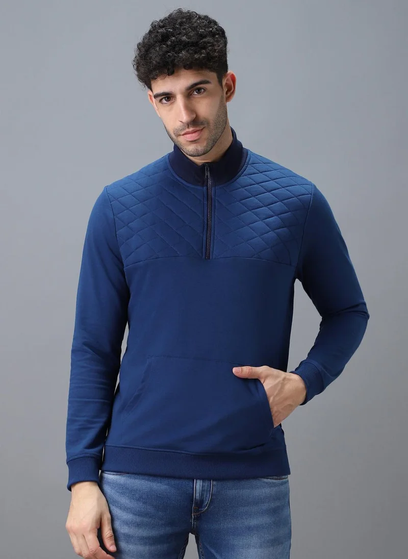 Urbano Fashion Men's Blue Cotton Solid Zippered High Neck Sweatshirt