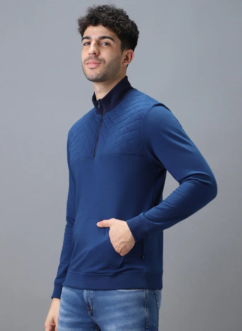 Urbano Fashion  Urbano Fashion Men's Blue Cotton Solid Zippered High Neck Sweatshirt for Men | Best Price UAE