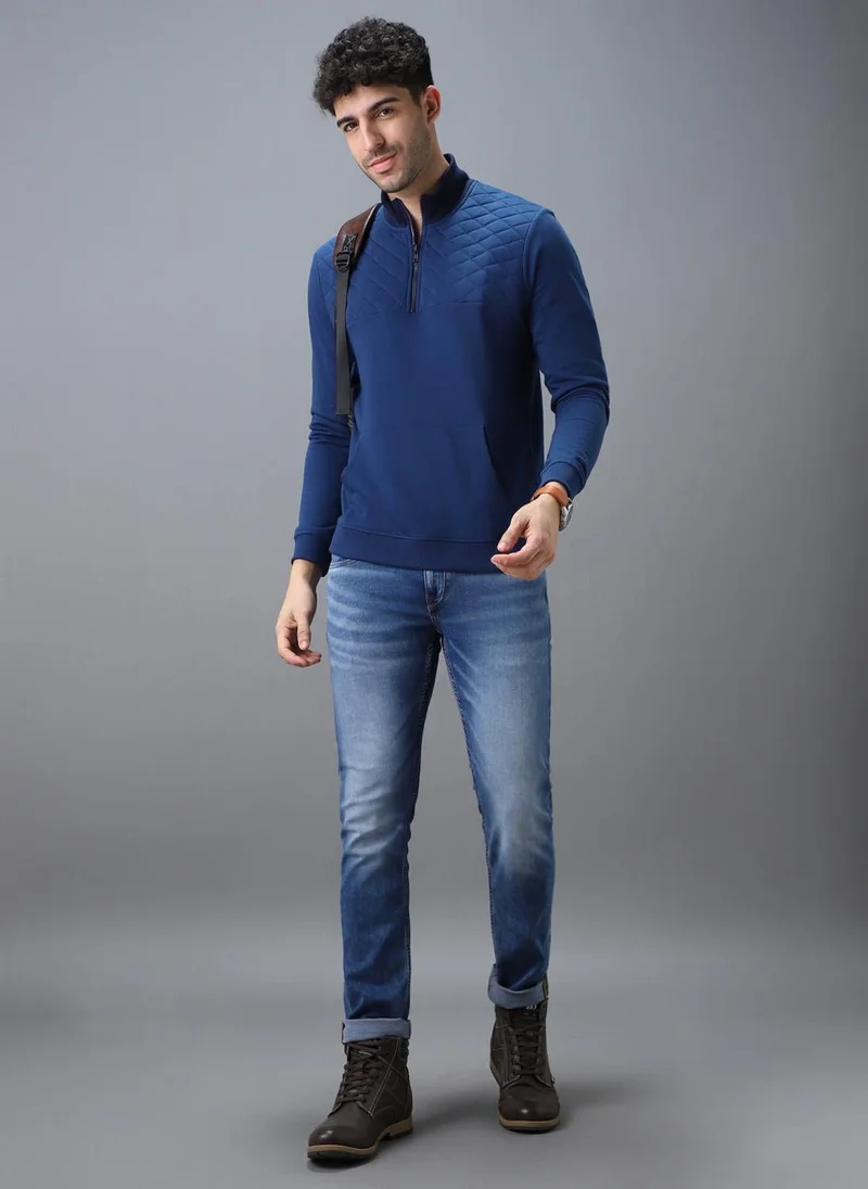 Urbano Fashion  Urbano Fashion Men's Blue Cotton Solid Zippered High Neck Sweatshirt for Men | Best Price UAE