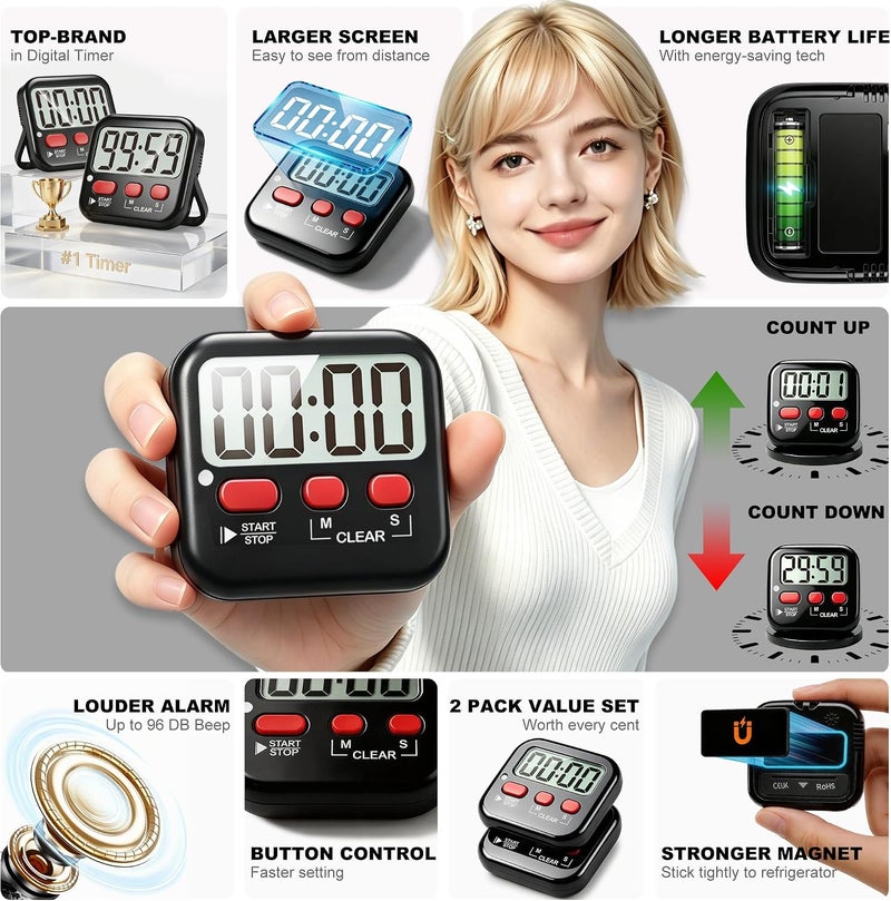 Antonki 2 Pack Digital Timer for Kids, Magnetic Countdown Kitchen Timers for Cooking, Egg, Classroom, Teacher, Exercise, Study, Oven - Battery Included - Image 4