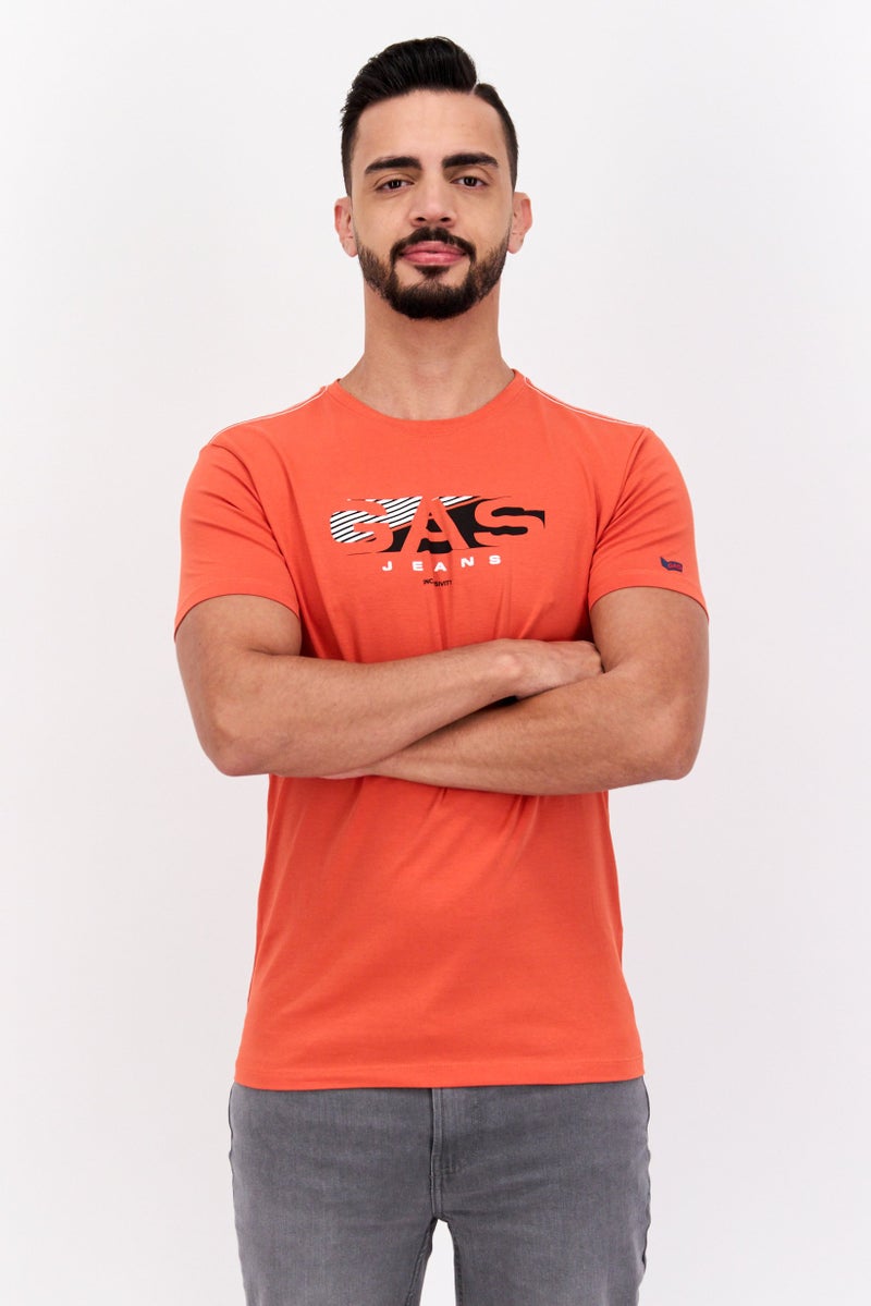 GAS Men Crew Neck Short Sleeves Brand Logo T-Shirt, Orange Combo - Image 1
