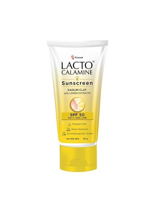Lacto Calamine Sunscreen SPF 50 | 50g | PA +++ For Oily Skin | UVA – UVB | Water Resistant & No White Cast | With Kaolin Clay, Vitamin E & Lemon Extracts | Paraben Free - Image 1