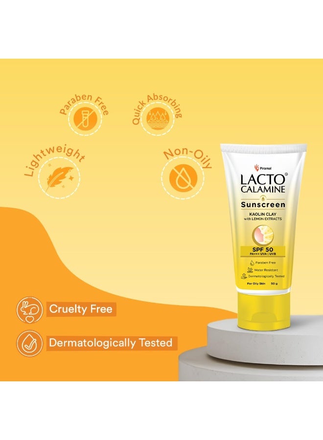 Lacto Calamine Sunscreen SPF 50 | 50g | PA +++ For Oily Skin | UVA – UVB | Water Resistant & No White Cast | With Kaolin Clay, Vitamin E & Lemon Extracts | Paraben Free - Image 3