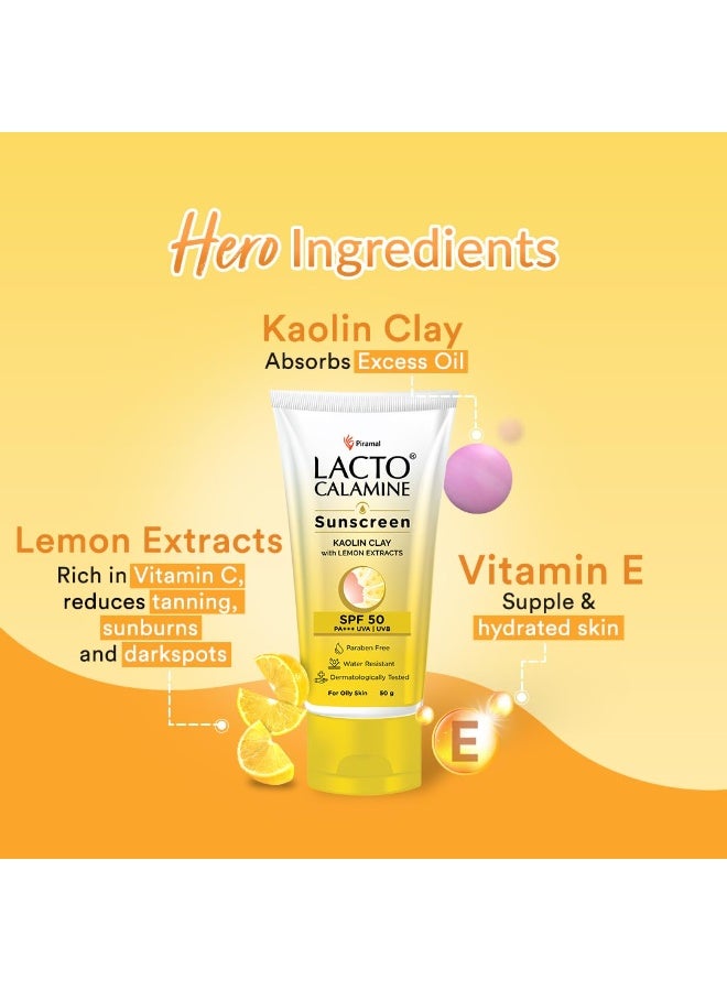 Lacto Calamine Sunscreen SPF 50 | 50g | PA +++ For Oily Skin | UVA – UVB | Water Resistant & No White Cast | With Kaolin Clay, Vitamin E & Lemon Extracts | Paraben Free - Image 2