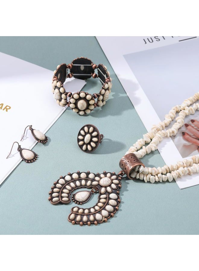 JMScape 4 PCS Western Turquoise Jewelry for Women Boho Vintage Navajo Pearl Necklace Earring Bracelet Ring Set Country Cowgirl Accessories for Gift, Large, Metal, Turquoise - Image 3