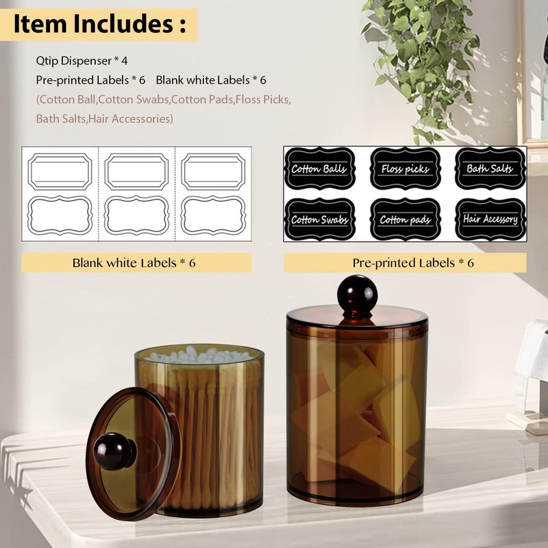 SheeChung 4 Pack Plastic Acrylic Bathroom Vanity Countertop Canister Jars with Storage Lid, Apothecary Jars Qtip Holder Makeup Organizer for Cotton Balls,Swabs,Pads,Bath Salts (Amber, 20 Oz) - Image 5
