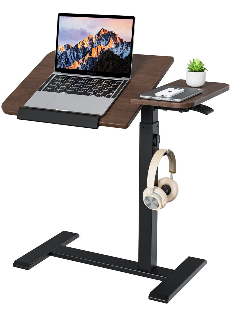 ETHU Height-Adjustable Rolling Laptop Desk, Multifunctional Overbed Table with Tilting Desktop and Recessed Casters, Mobile Bedside Sofa Side Table, Ergonomic Standing Desk for Office and Home, Walnut - Image 1