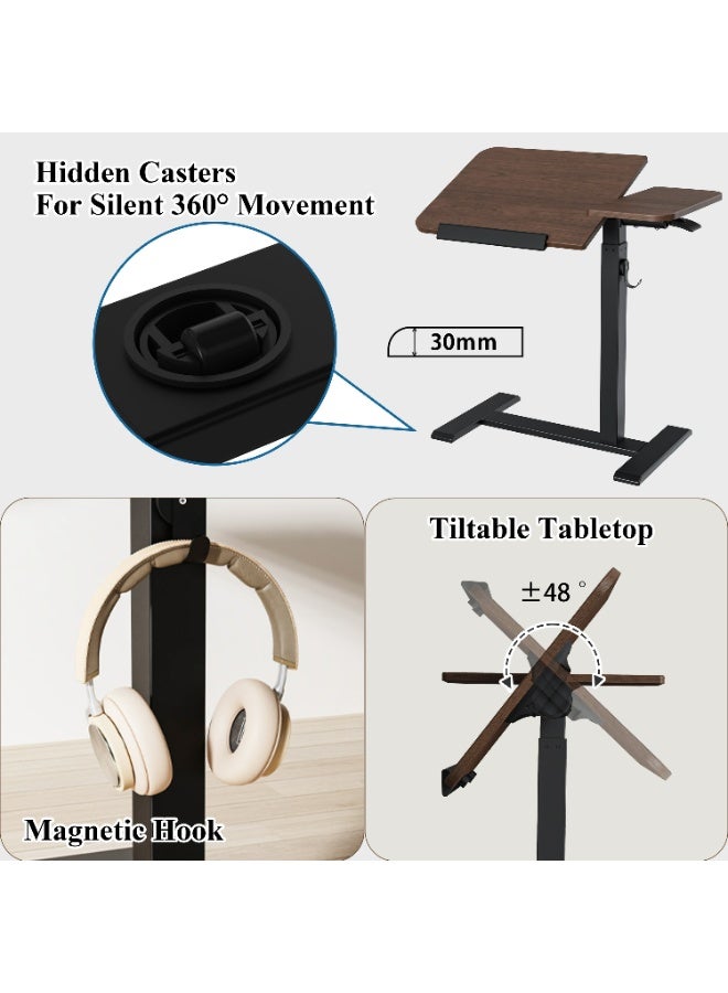 ETHU Height-Adjustable Rolling Laptop Desk, Multifunctional Overbed Table with Tilting Desktop and Recessed Casters, Mobile Bedside Sofa Side Table, Ergonomic Standing Desk for Office and Home, Walnut - Image 3