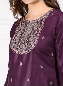 ISHIN Straight Fit Embroidered Pattern Round Neck Three-Quarter Sleeves PURPLE Colour Woven Cotton Kurta Set for Women with Semi Elastic Closure - Elevate Your Fashion Game  - Image 2