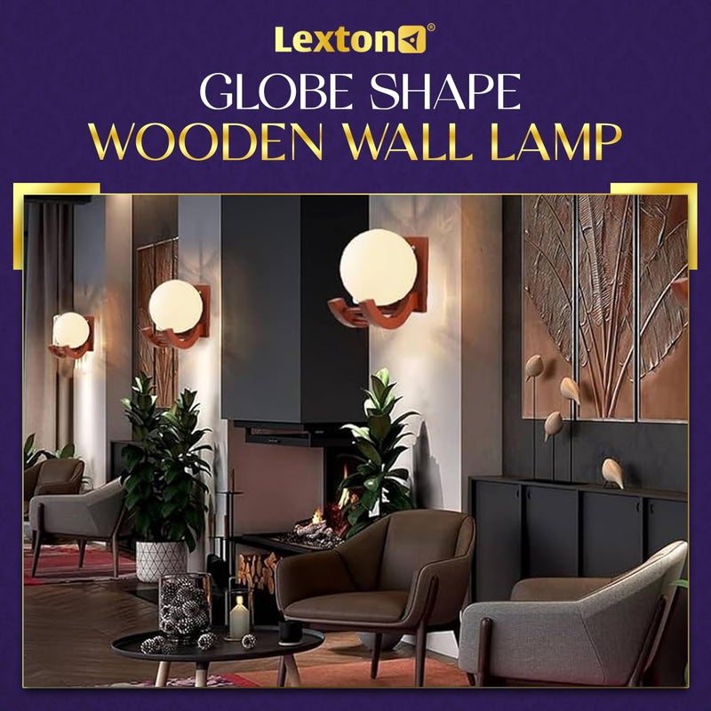 Lexton Lexton Globe Shape Wooden Wall Lamp E27 Bulb Base Brown Wooden Base Globe Shape Glass Lamp Suitable for Terrace bar Balcony Home Pack of 1 Bulb Not Included Warm White - Image 4