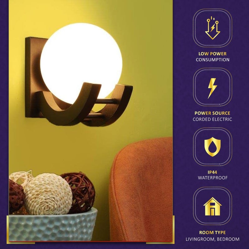 Lexton Lexton Globe Shape Wooden Wall Lamp E27 Bulb Base Brown Wooden Base Globe Shape Glass Lamp Suitable for Terrace bar Balcony Home Pack of 1 Bulb Not Included Warm White - Image 5