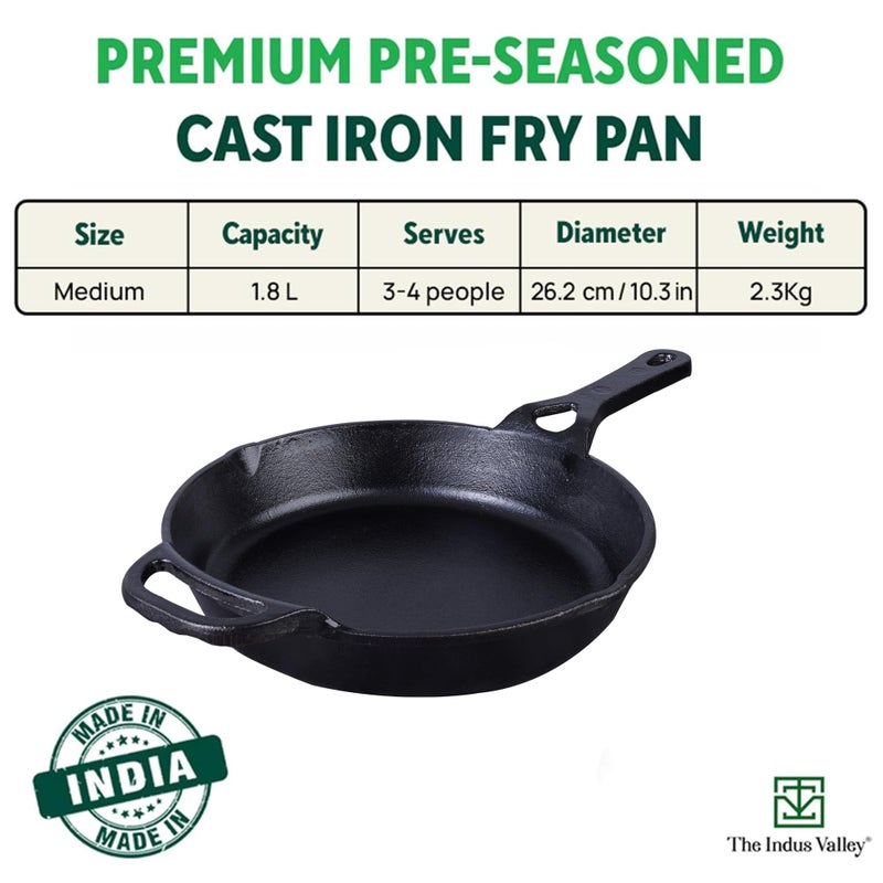 The Indus Valley The Indus Valley Preseasoned Cast Iron Fry Pan/Skillet With Long Handle|Medium 26.2Cm/10.3Inch, 1.8Ltr, 2.3Kg|Induction Friendly|Nonstick Fry Pan, 100% Pure & Toxin Free, No Chemical Coating, Black - Image 2