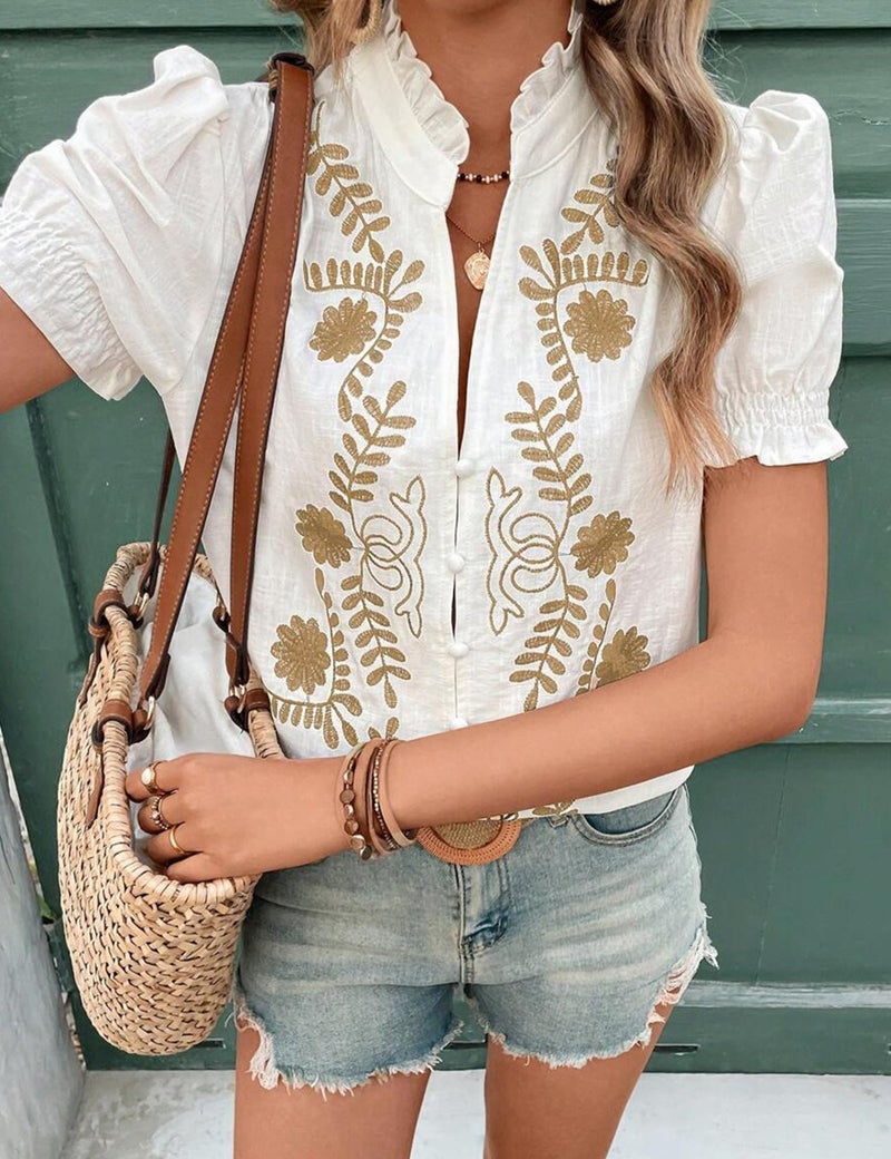 ZILIN Women's Summer Tops 2026 Casual Ruffle V Neck Puff Short Sleeve Button Down Shirts Embroidered Blouses Apricot White S - Image 3