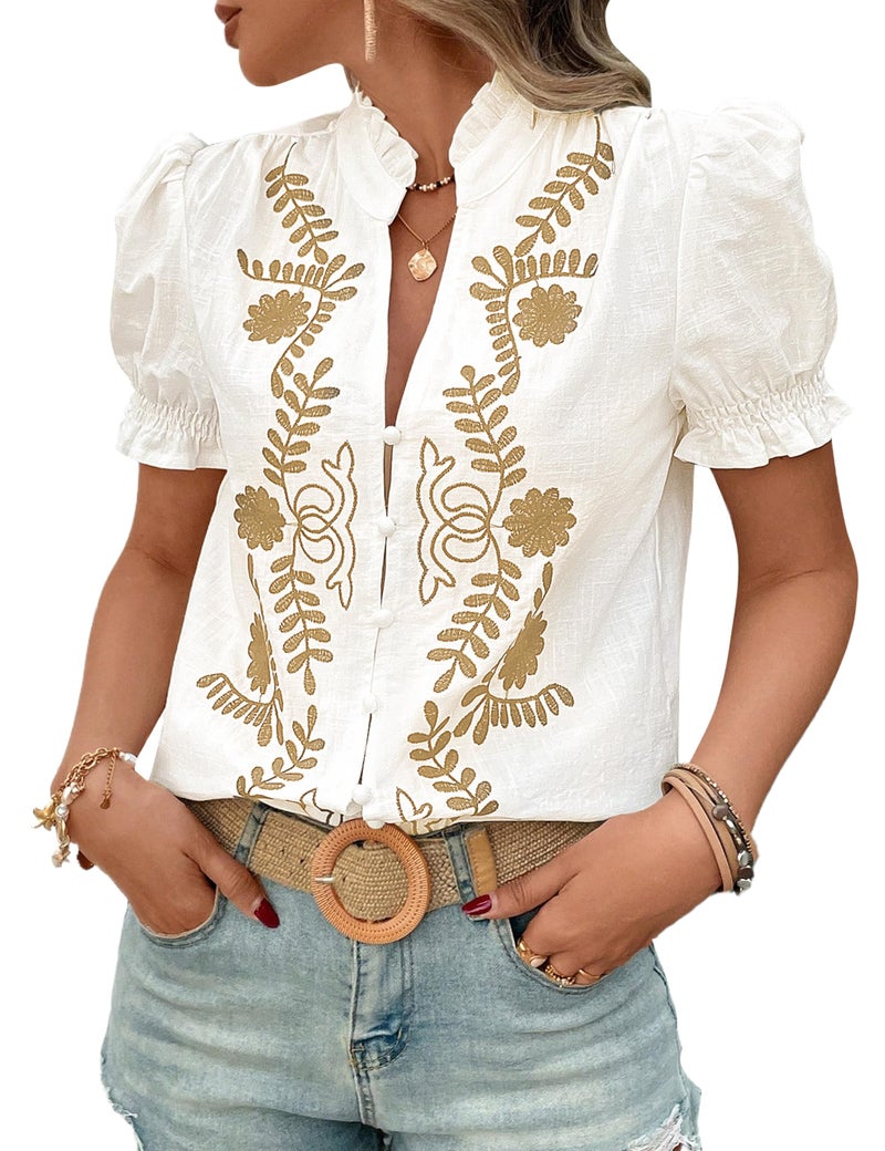 ZILIN Women's Summer Tops 2026 Casual Ruffle V Neck Puff Short Sleeve Button Down Shirts Embroidered Blouses Apricot White S - Image 1