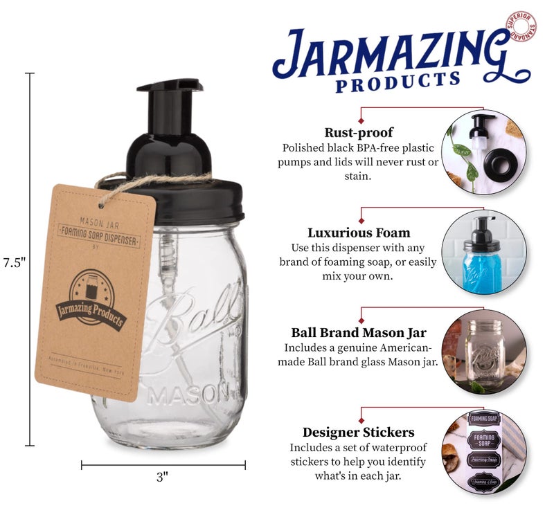 Jarmazing Products Mason Jar Foaming Soap Dispenser - Black - with 16 Ounce Ball Mason Jar - One Pack! - Image 2