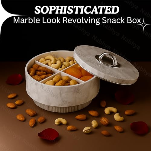 Nabhya Marble Print Revolving Round Shape 4 Section Multipurpose Dry Fruit Storage Container Set Box with Air-Tight Lid, Plastic Utility For Serving Sweets, Chocolates, Candy, Pickle & Kitchen (White) - Image 2
