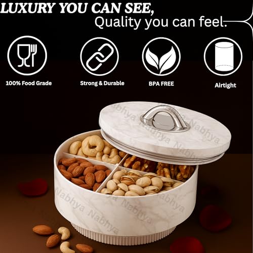 Nabhya Marble Print Revolving Round Shape 4 Section Multipurpose Dry Fruit Storage Container Set Box with Air-Tight Lid, Plastic Utility For Serving Sweets, Chocolates, Candy, Pickle & Kitchen (White) - Image 4