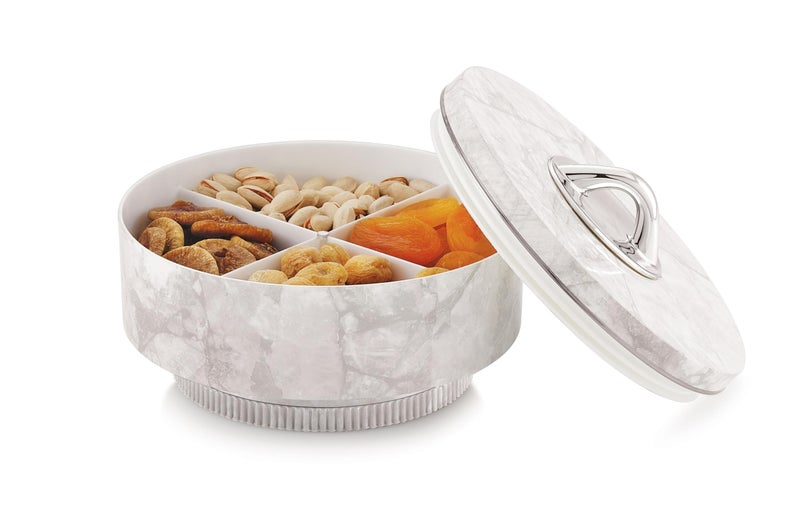 Nabhya Marble Print Revolving Round Shape 4 Section Multipurpose Dry Fruit Storage Container Set Box with Air-Tight Lid, Plastic Utility For Serving Sweets, Chocolates, Candy, Pickle & Kitchen (White) - Image 1