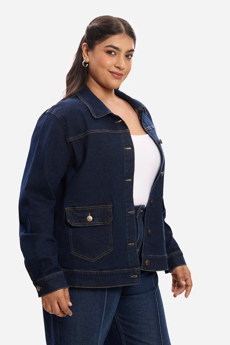 Virgio Blue Solid Cotton Denim Plus Size Jacket for Women for Women | Best Price UAE