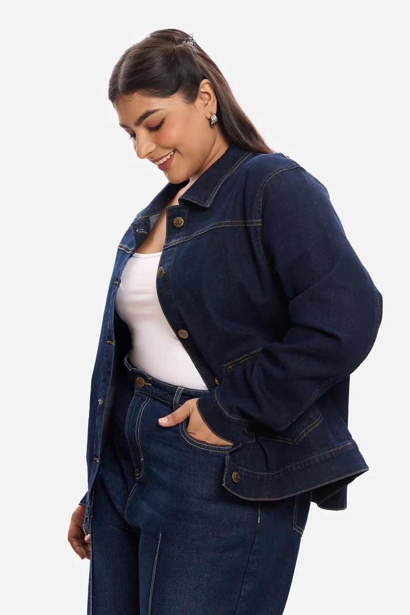 Virgio Blue Solid Cotton Denim Plus Size Jacket for Women for Women | Best Price UAE