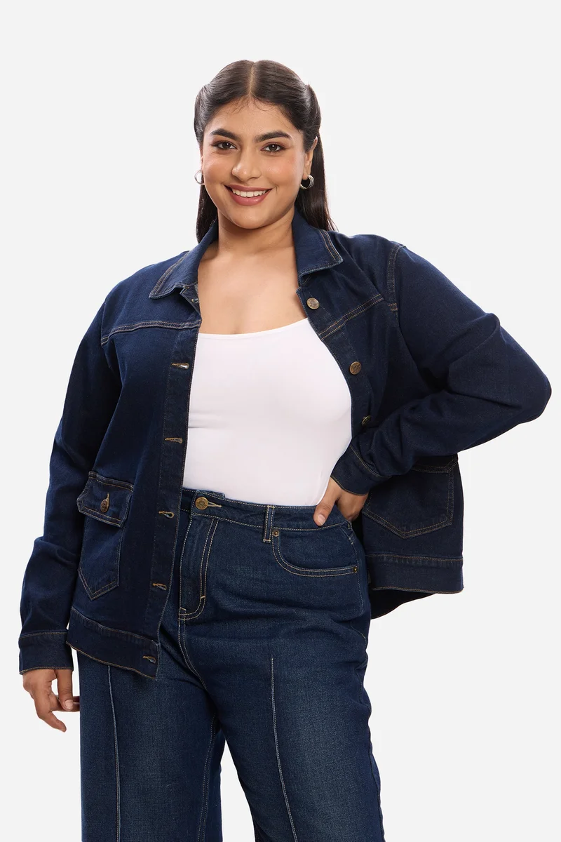 فيرجيو Solid Cotton Denim Plus Size Jacket for Women