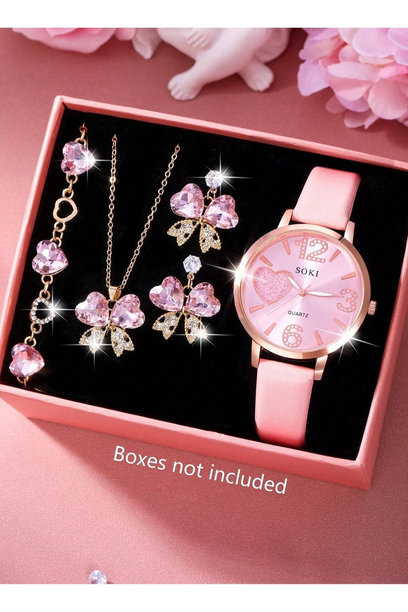 سوكي اكسسوار  بنات مجموعه من 4 قطع تحتوي على ساعه  ، سوار ، سلسال و اقراط باللون الذهبي مزينه باحجار ورديه بتصميم فيونكات و قلوب لطيفه مجموعه مقاومه للصدا مناسبه لتقديمها كهديه لم تحب ، هديه تخرج ، هدايا اعياد ميلاد و لجميع المناسبات الخاصه بدون علبه - Image 1