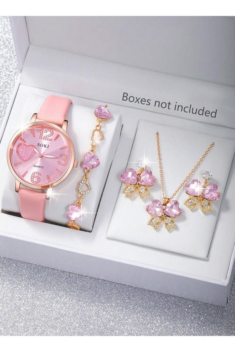 سوكي اكسسوار  بنات مجموعه من 4 قطع تحتوي على ساعه  ، سوار ، سلسال و اقراط باللون الذهبي مزينه باحجار ورديه بتصميم فيونكات و قلوب لطيفه مجموعه مقاومه للصدا مناسبه لتقديمها كهديه لم تحب ، هديه تخرج ، هدايا اعياد ميلاد و لجميع المناسبات الخاصه بدون علبه - Image 3