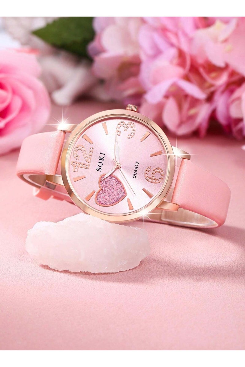 سوكي اكسسوار  بنات مجموعه من 4 قطع تحتوي على ساعه  ، سوار ، سلسال و اقراط باللون الذهبي مزينه باحجار ورديه بتصميم فيونكات و قلوب لطيفه مجموعه مقاومه للصدا مناسبه لتقديمها كهديه لم تحب ، هديه تخرج ، هدايا اعياد ميلاد و لجميع المناسبات الخاصه بدون علبه - Image 5