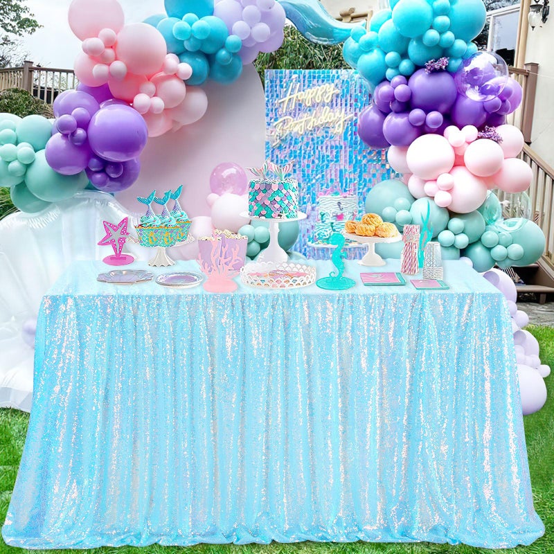 QueenDream Sequin Iridescent Tablecloth 60x102 Inches Blue Sequin Table Overlay Mermaid Parties Cocktail Decor - Image 2