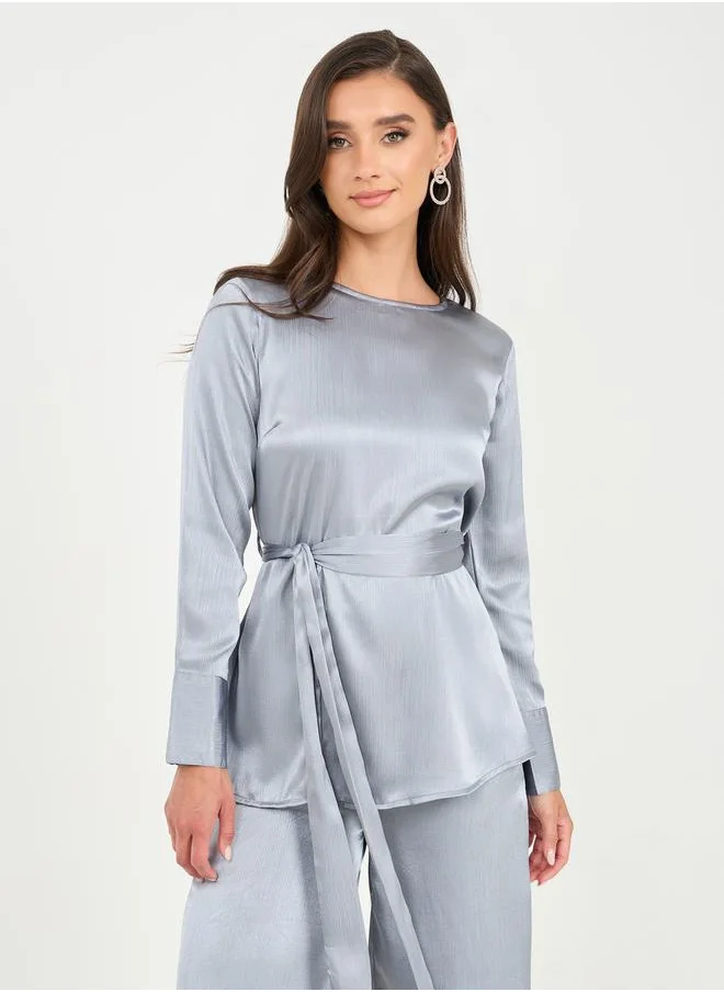 Styli Solid Self Tie Up Top and Wide Leg Pant Set