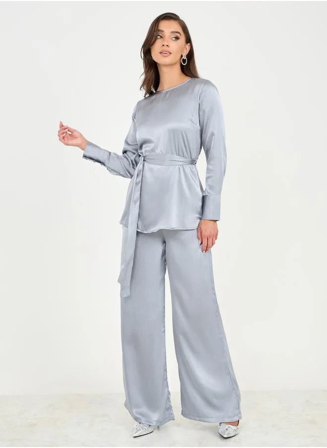 Styli Solid Self Tie Up Top and Wide Leg Pant Set