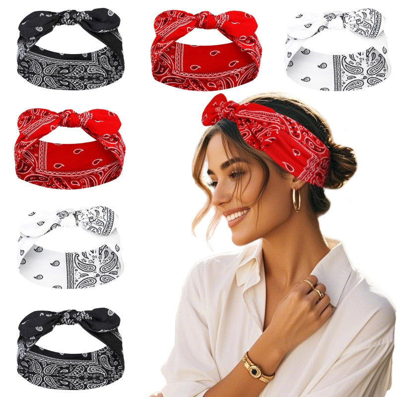 Tobeffect Bandana Headbands for Women Boho Style Paisley Print - Elastic Bow Head Bands for Womenâ€™s Hair Non Slip - Wide Headwraps with Bows Vintage, Cute Hairbands Hair Accessories 6 Pack - Image 1