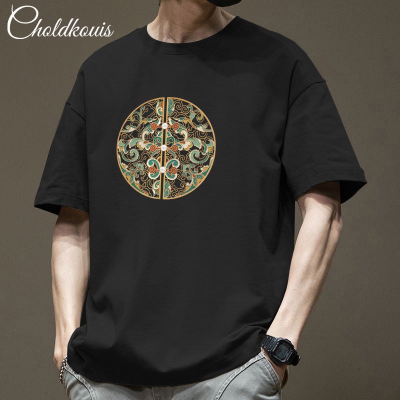 American-style national trend printed short-sleeved T-shirt for men's summer new heavy cotton casual loose round-neck half-sleeved top - Image 1