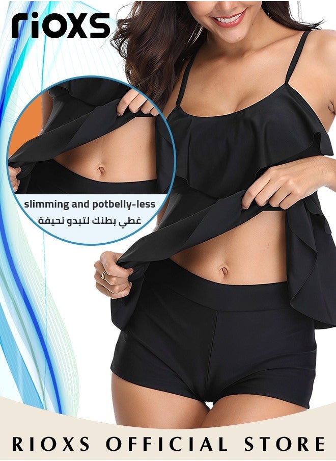 RIOXS - Womens Tankini Swimsuits Two Piece Tummy Control Bathing Suits Ruffle Swim Tank Top with Boy Shorts Swimwear,  Split Style Beach Swimsuit - Image 1
