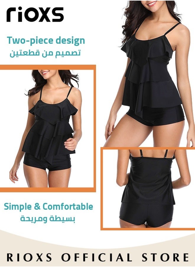 RIOXS - Womens Tankini Swimsuits Two Piece Tummy Control Bathing Suits Ruffle Swim Tank Top with Boy Shorts Swimwear,  Split Style Beach Swimsuit - Image 1