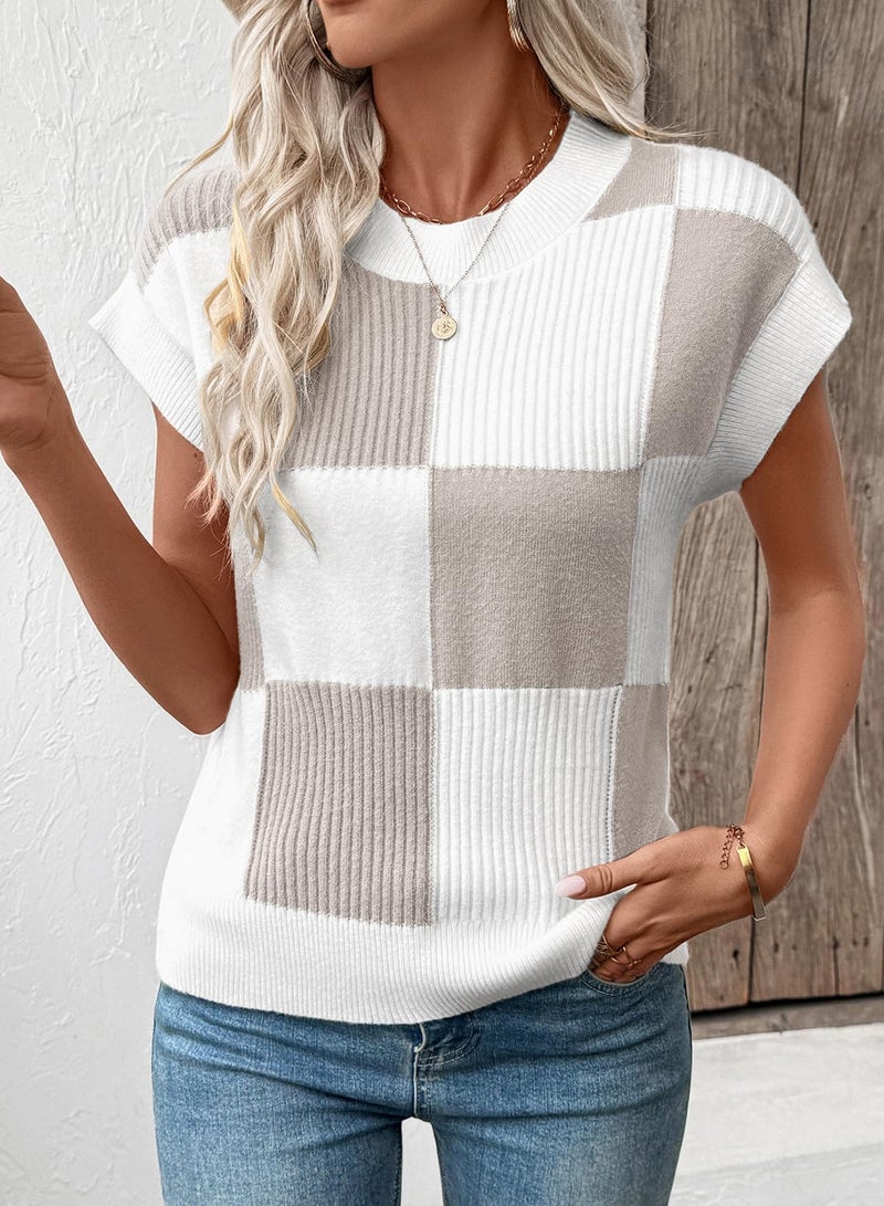 EVALESS Short Sleeve Sweater for Women Crewneck Color Block Knit Tops 2026 Fall Winter Trendy Sweaters Lightweight Checkered Cap Sleeve Sweater Vest Womens Clothing White Large - Image 2