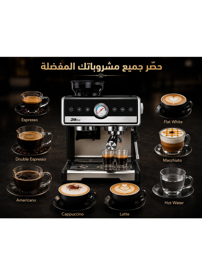 DSB Professional 2-in-1 Espresso Machine with Built-in Coffee Grinder, 20-Bar ULKA Pump, 58 mm Portafilter, PID Temperature Control, 2250W, IMD Display, 2.6L Water Tank, 20 Grind Settings, for Espresso, Cappuccino & Latte, 12-Month Warranty - Image 4