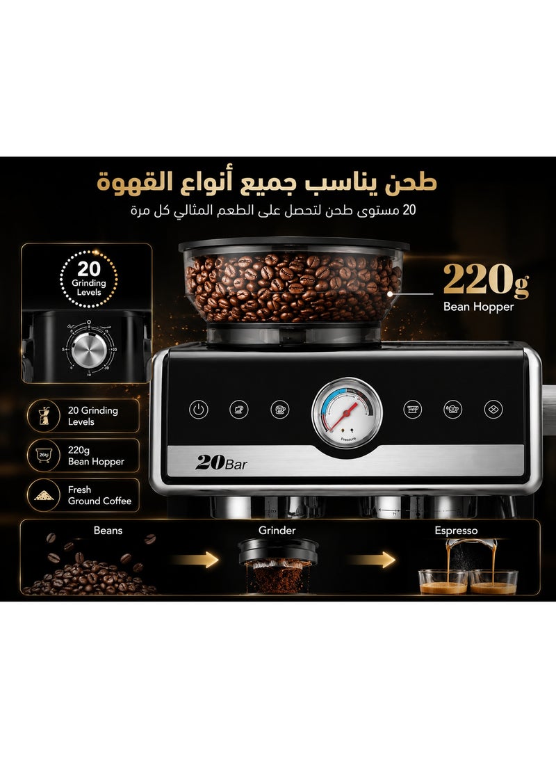 DSB Professional 2-in-1 Espresso Machine with Built-in Coffee Grinder, 20-Bar ULKA Pump, 58 mm Portafilter, PID Temperature Control, 2250W, IMD Display, 2.6L Water Tank, 20 Grind Settings, for Espresso, Cappuccino & Latte, 12-Month Warranty - Image 3