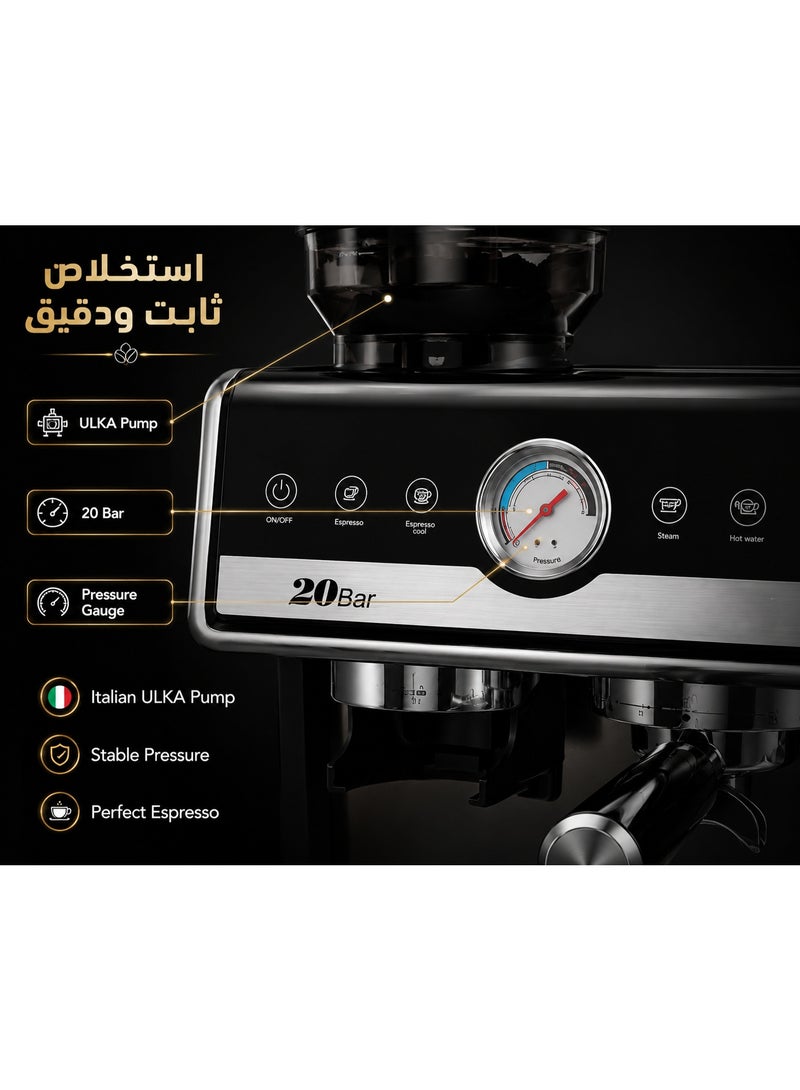 DSB Professional 2-in-1 Espresso Machine with Built-in Coffee Grinder, 20-Bar ULKA Pump, 58 mm Portafilter, PID Temperature Control, 2250W, IMD Display, 2.6L Water Tank, 20 Grind Settings, for Espresso, Cappuccino & Latte, 12-Month Warranty - Image 2