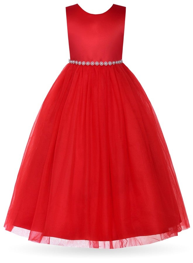 Uhnice Flower Girl Pearl Dress Tulle Ball Gown Bow Prom with Heart Cutout for Wedding Birthday Party, Red, 4-5 Years - Image 2