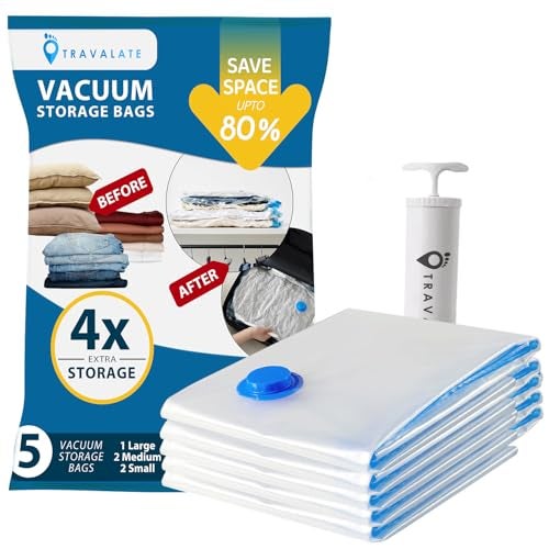 TRAVALATE Vacuum Storage Bags with Free Pump | 5 Combo Bags (2 Small, 2 Medium, 1 Large) | Space Saver Bags for Clothes, Blankets, Bedding & Travel - Reusable & Airtight Compression Bags - Image 1