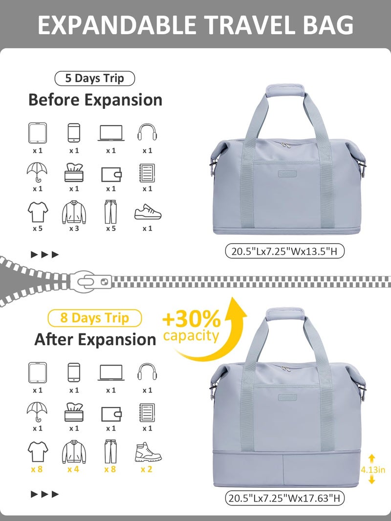 Capolo Expandable Travel Duffle Bag, Waterproof Weekender Overnight Bags for Women Men Hospital Bag for Women Labor Delivery Carry on Bag with Toiletry Bag for Travel Gym Airplanes(Light Blue, Large) - Image 3