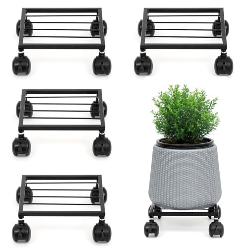 Livzing 4 Pcs 10 Inch Metal Plant Stand with Lockable & unlockable Wheels, Flower Pot Stand - Square Planter Stands for Indoor, Outdoor, Home, Garden Heavy Duty Powder Coating Gamla Holder for Balcony - Image 1